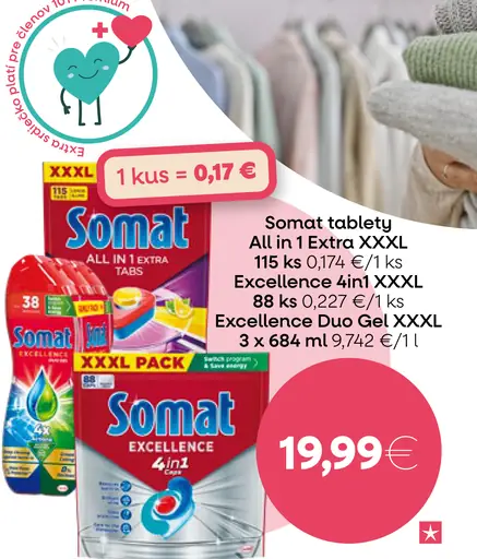 Somat tablety All in 1 Extra XXXL / Excellence 4in1 XXXL / Excellence Duo Gel XXXL do umývačky