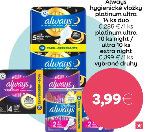 Always hygienické vložky Ultra a Platinum rôzne druhy