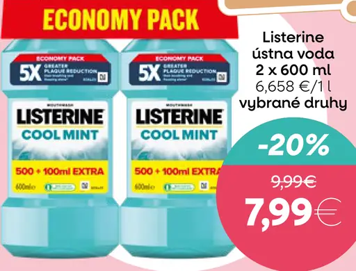 Listerine ústna voda Cool Mint 2×600 ml vybrané druhy