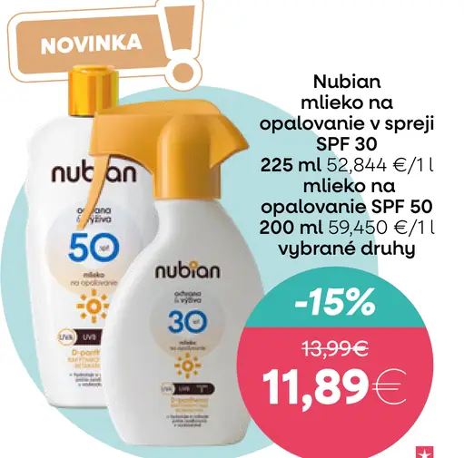 Nubian mlieko na opaľovanie v spreji SPF 30 alebo mlieko na opaľovanie SPF 50