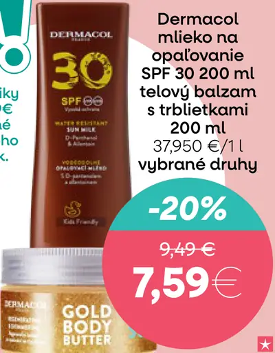 Dermacol vodeodolné mlieko na opaľovanie SPF 30