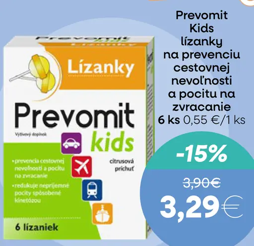 Prevomit Kids lízanky na prevenciu cestovnej nevoľnosti a pocitu na zvracanie