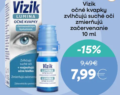 Vizik očné kvapky zvyšujúce zvlhčenie očí a znižujúce začervenanie