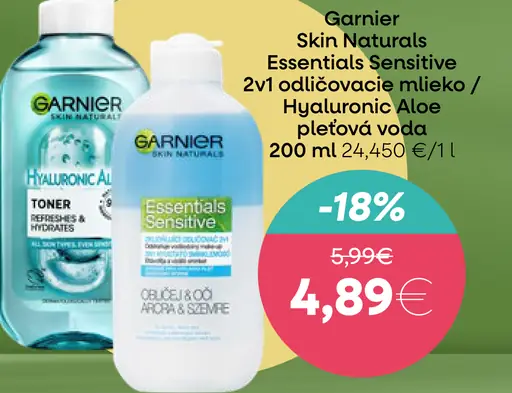 Garnier Skin Naturals Essentials Sensitive 2v1 odličovacie mlieko a pleťová voda