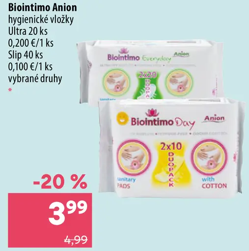 Biointimo Anion hygienické vložky Ultra Slip výber druhov
