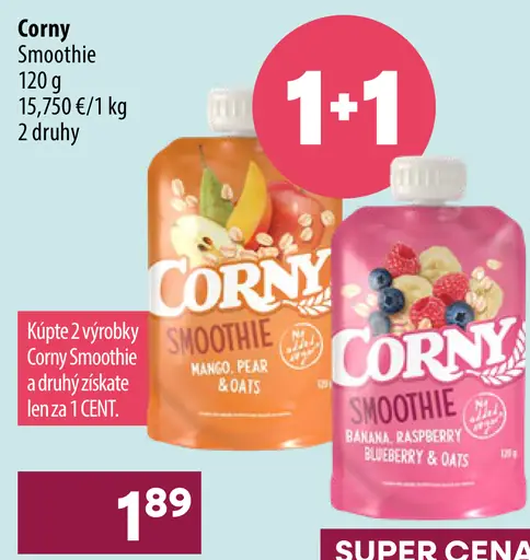 Corny Smoothie, mango a hruška, banán, malina, čučoriedka a ovsené vločky