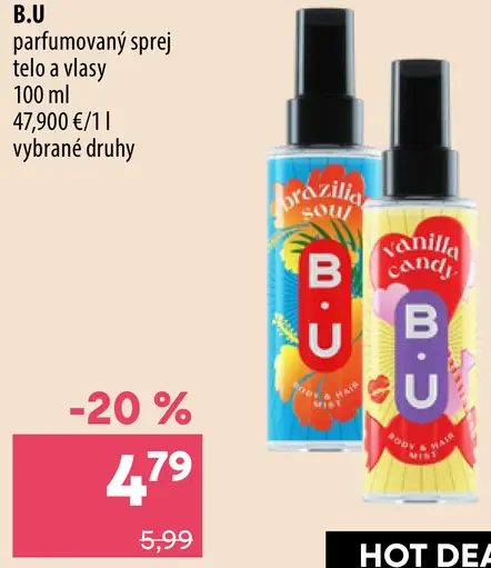 B.U parfumovaný sprej na telo a vlasy, vybrané druhy