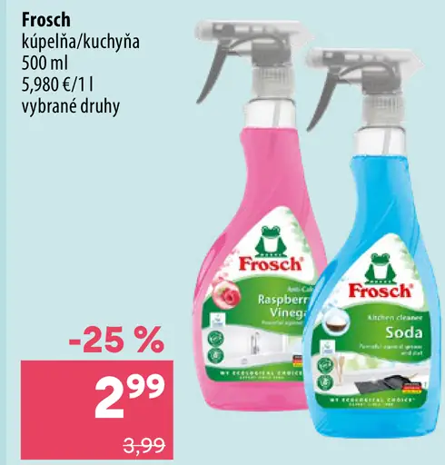 Frosch čistiaci prostriedok na kúpeľňu a kuchyňu, varianty Raspberry Vinegar a Soda