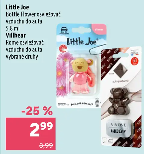 Little Joe Bottle Flower osviežovač vzduchu do auta; VibeAir Rome osviežovač vzduchu do auta, vybrané druhy