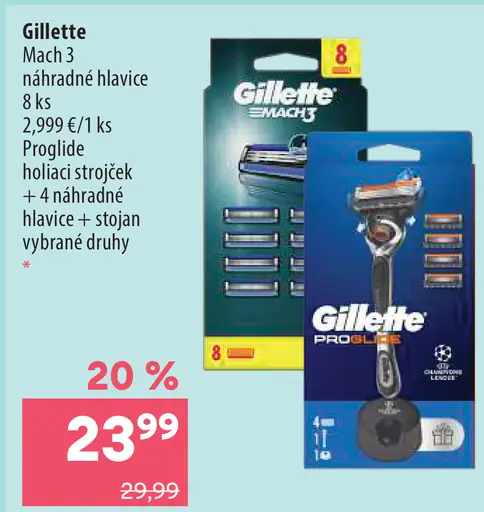 Gillette Mach 3 náhradné hlavice a ProGlide holiaci strojček s náhradnými hlavicami a stojanom