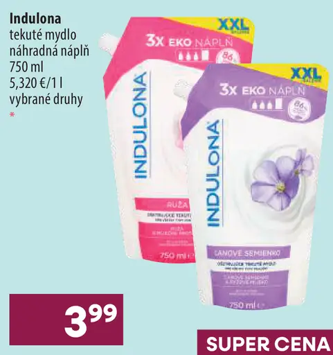 Indulona tekuté mydlo, náhradná náplň – vybrané druhy