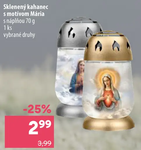 Sklenený kahanec s motívom Márie s náplňou, vybrané druhy