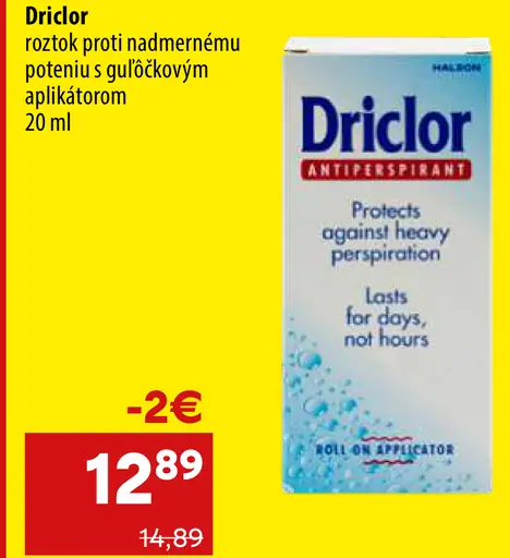 Driclor roztok proti nadmernému poteniu s guľôčkovým aplikátorom