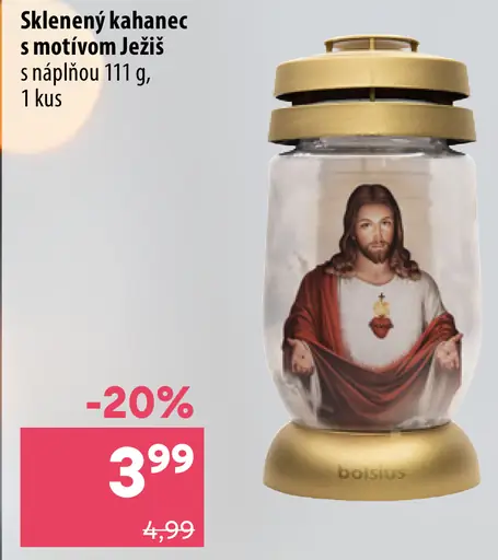 Sklenený kahaneč s motívom Ježiša a náplňou