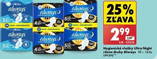 Always Hygienické vložky Ultra Night rôzne druhy