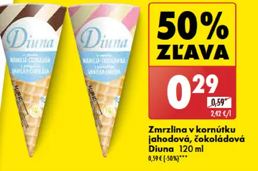 Zmrzlina v kornútku jahodová, čokoládová Diuna
