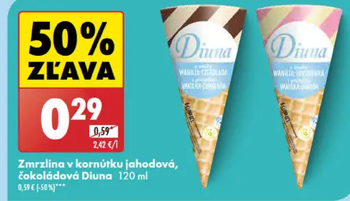 Zmrzlina v kornútku jahodová, čokoládová Diuna