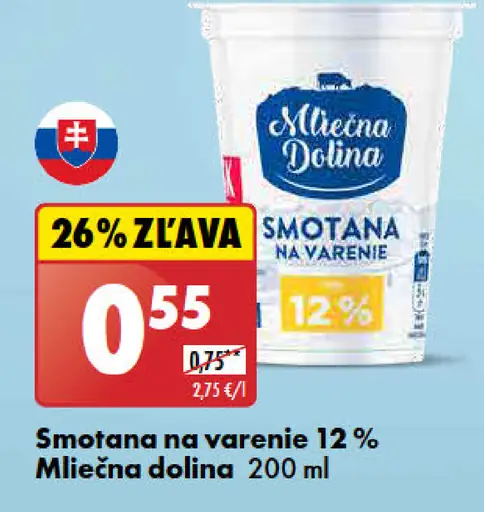 Mliečna Dolina Smotana na varenie 12%