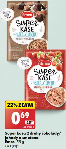 Emco Super kaša 2 druhy čokolády/jahody a smotana