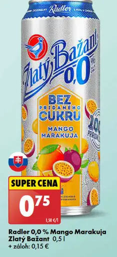 Zlatý Bažant Radler 0,0 % Mango Marakuja plechovka