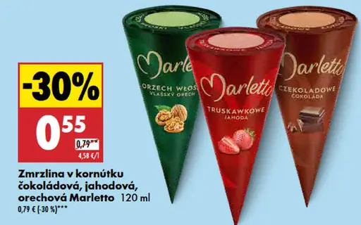 Marletto Čokoládová, Jahodová, Orechová Zmrzlina v kornútku