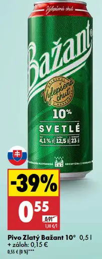 Zlatý Bažant Pivo Zlatý Bažant 10° plechovka