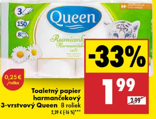 Queen Toaletný papier 3-vrstvový harmančekový