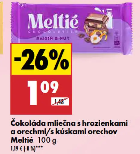 Meltie Čokoláda mliečna s hrozienkami a orechmi