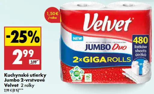 Velvet Kuchynské utierky 2-vrstvové Jumbo