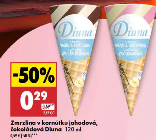 Zmrzlina v kornútku jahodová, čokoládová Diuna