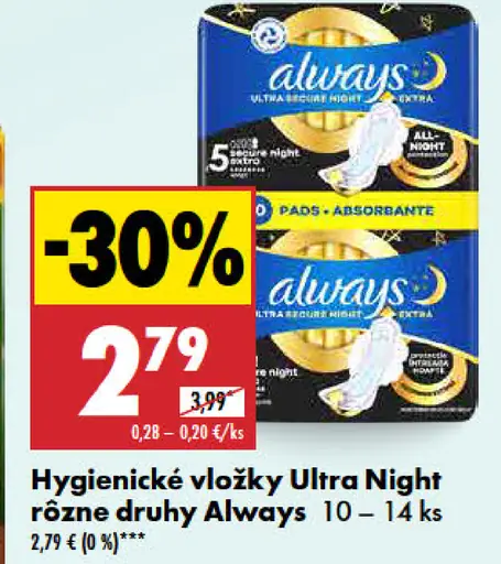 Always Hygienické vložky Ultra Night rôzne druhy
