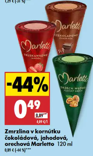 Marletto Zmrzlina v kornútku čokoládová/jahodová/orechová