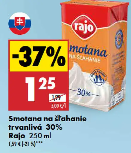 Rajo Smotana na šľahanie trvanlivá 30%