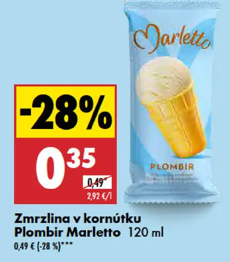 Marletto Plombir Zmrzlina v kornútku