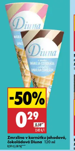 Zmrzlina v kornútku jahodová, čokoládová Diuna