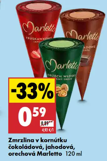 Marletto Zmrzlina v kornúku čokoládová, jahodová, orechová