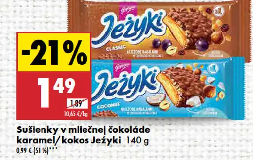 Jeżyki sušienky v mliečnej čokoláde karamel/kokos