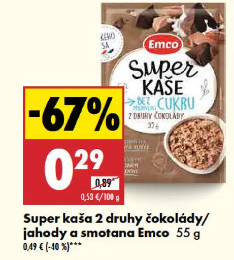 Emco Super kaša 2 druhy čokolády/jahody a smotana