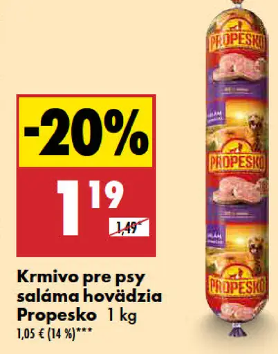 Propesko hovädzia saláma krmivo pre psy