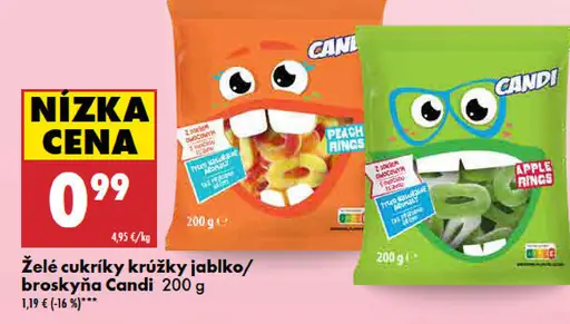 Candi želé cukríky krúžky jablko/broskyňa