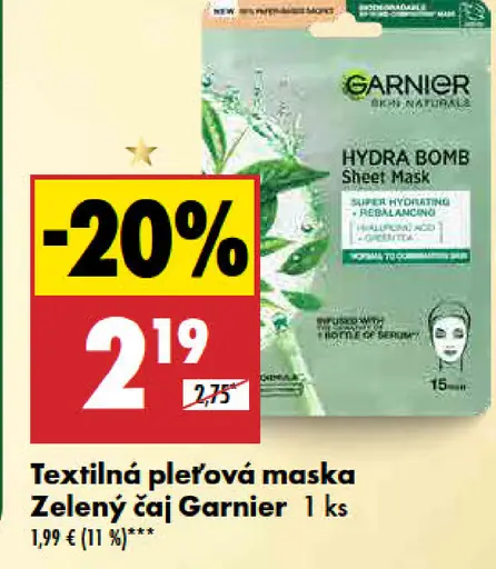 Garnier textilná pleťová maska zelený čaj