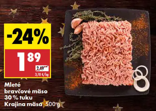 Krajina mäsa Mleté bravčové mäso 30 % tuku
