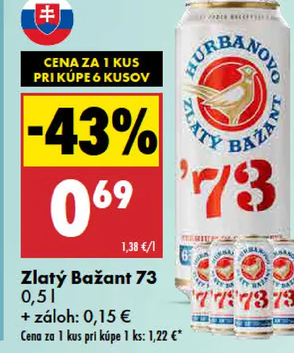 Zlatý Bažant '73 pivo svetlý ležiak plechovka