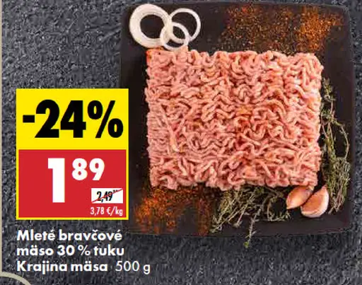 Krajina mäsa Mleté bravčové mäso 30 % tuku