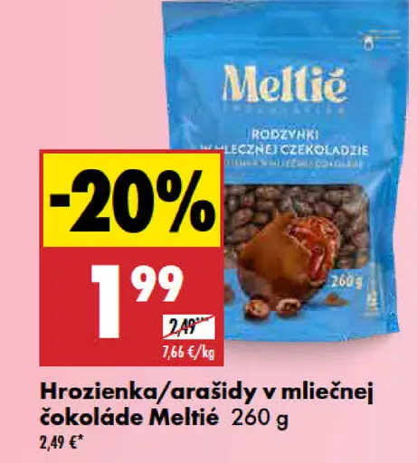 Meltie hrozienka a arašidy v mliečnej čokoláde