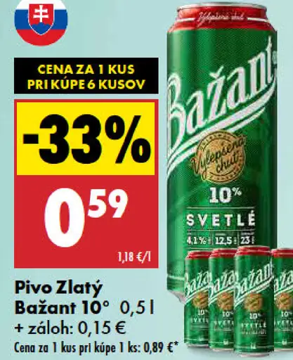 Zlatý Bažant 10% svetlé výčapné pivo plechovka