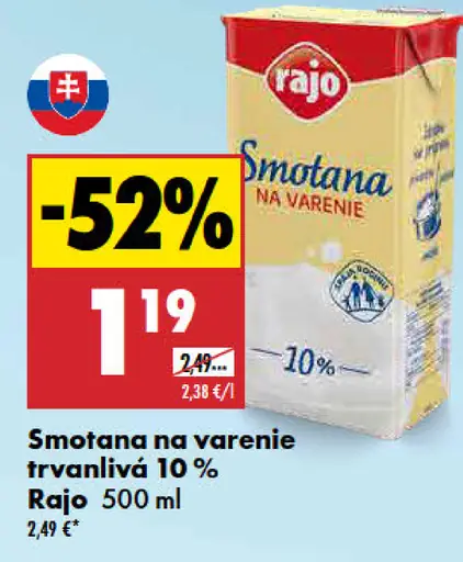Rajo Trvanlivá smotana na varenie 10%