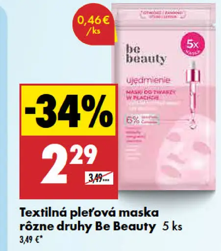 Textilná pleťová maska Be Beauty rôzne druhy