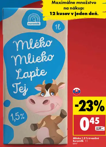 Mlieko 1,5 % trvanlivé Euromilk