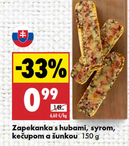 Zapekaná bageta s hubami, syrom, kečupom a šunkou